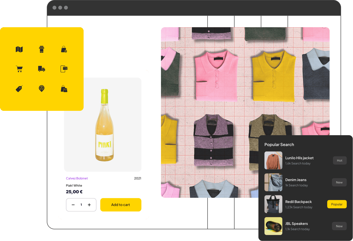 Ecommerce website interface featuring product cards, category icons, a clothing grid, and popular search results.