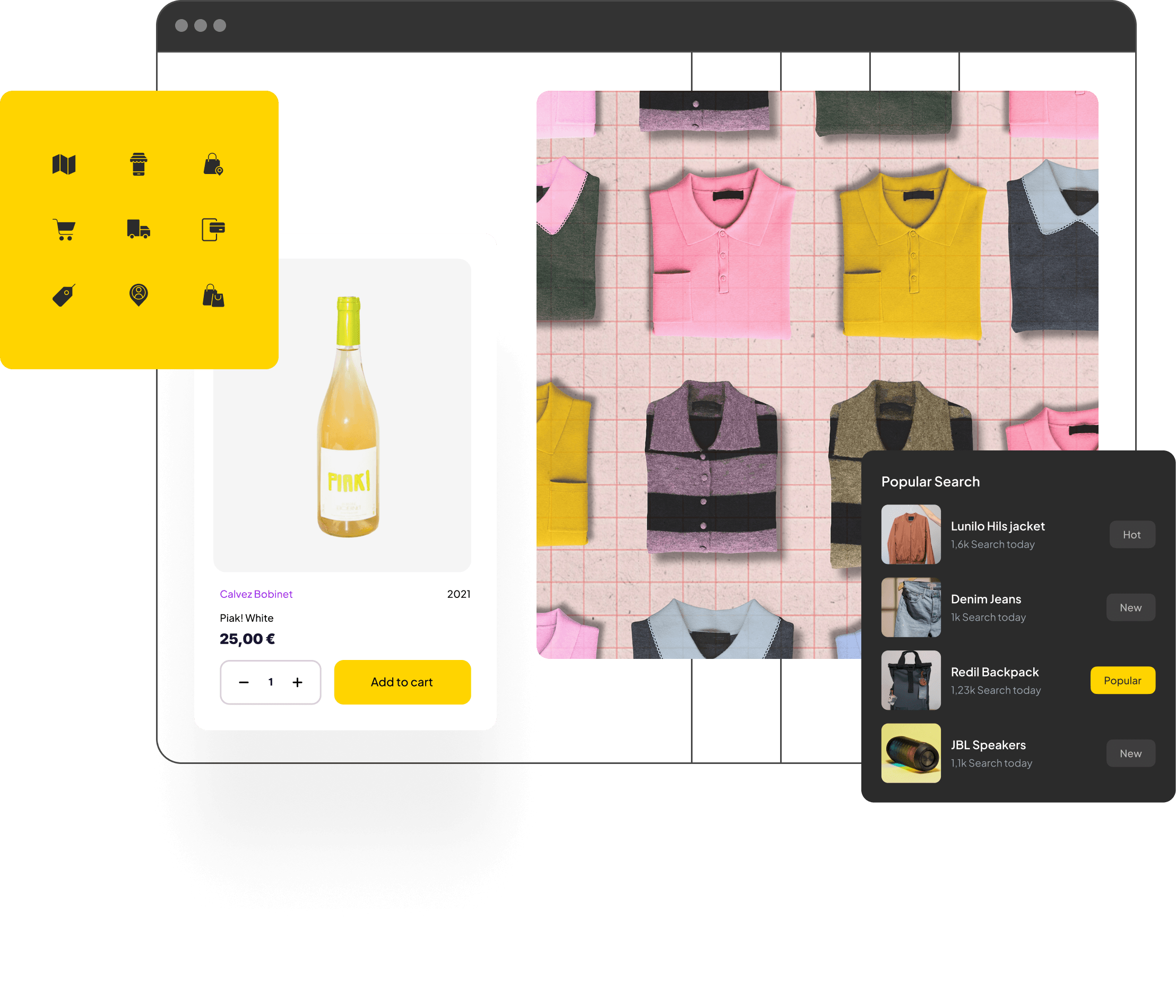Ecommerce design featuring product cards, shopping icons, clothing products and a popular search interface