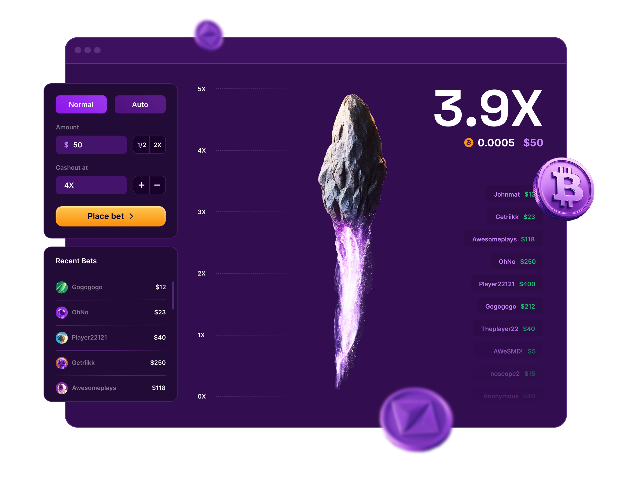 iGaming interface design featuring crypto betting controls, recent bets and a multiplier game screen