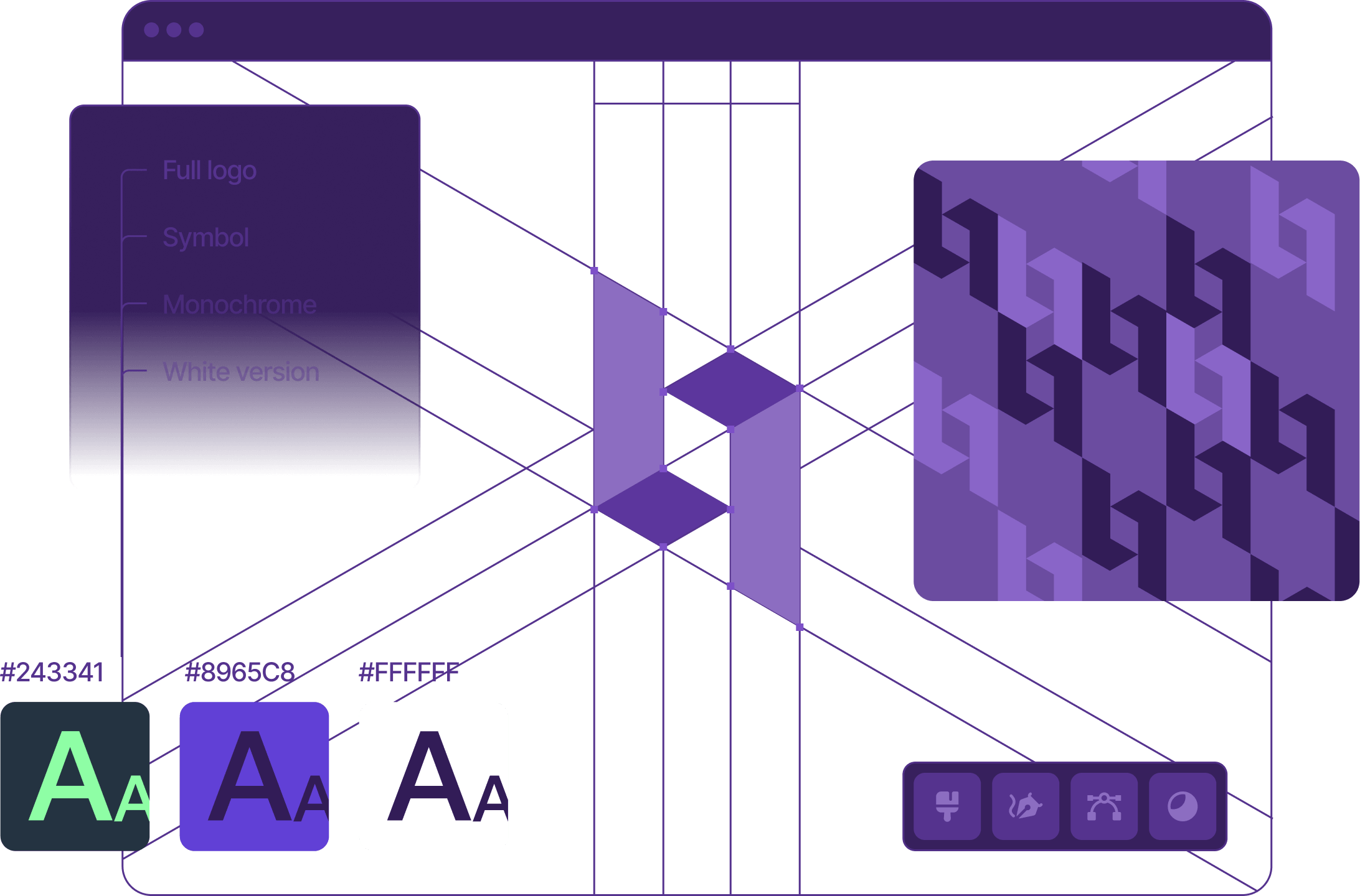 Logo design system showing logo variations, brand colors, typography and visual identity elements