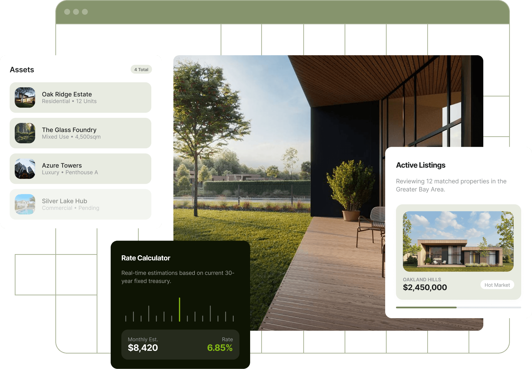 Real estate platform design featuring property listings, asset management and a mortgage rate calculator