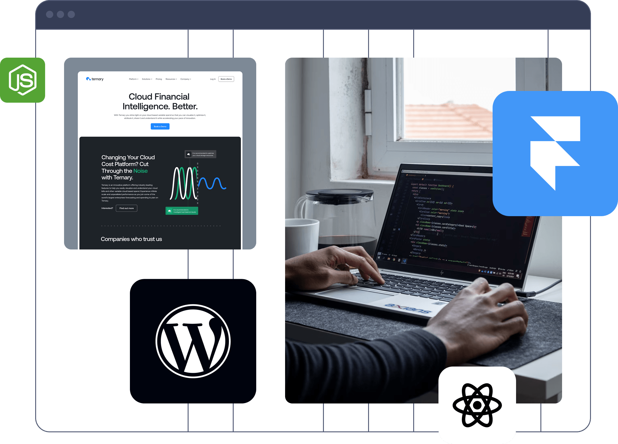 Web development collage featuring a responsive website, developer workspace and JavaScript, WordPress, React and Framer technologies